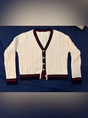 White Cable-Knit V-Neck Cardigan with Navy & Red Trim